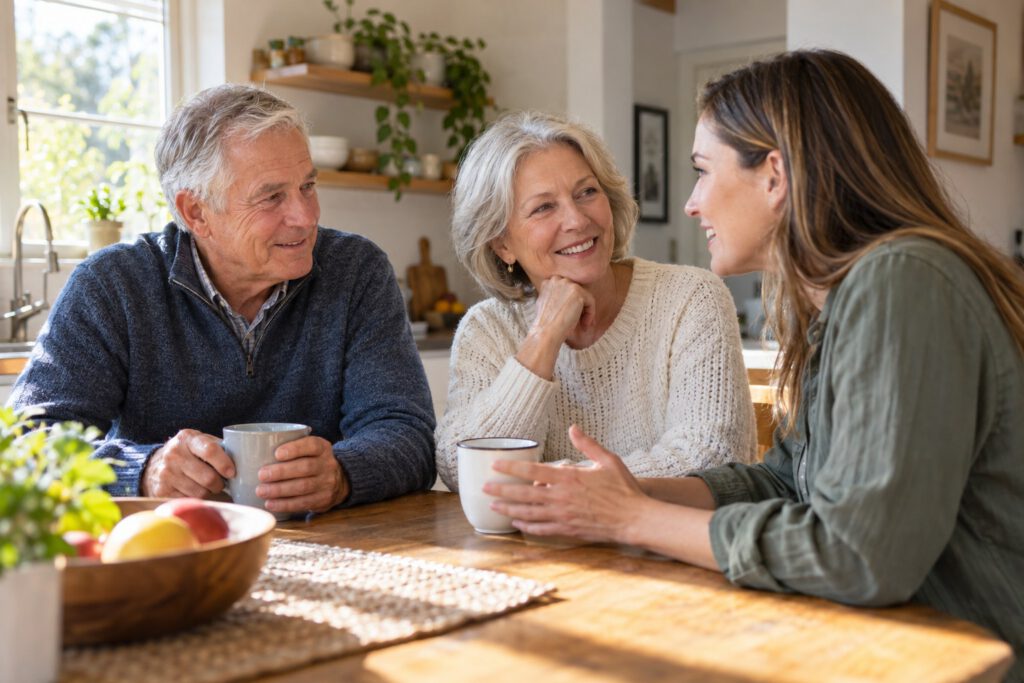 An older couple sharing an ordinary family conversation at home